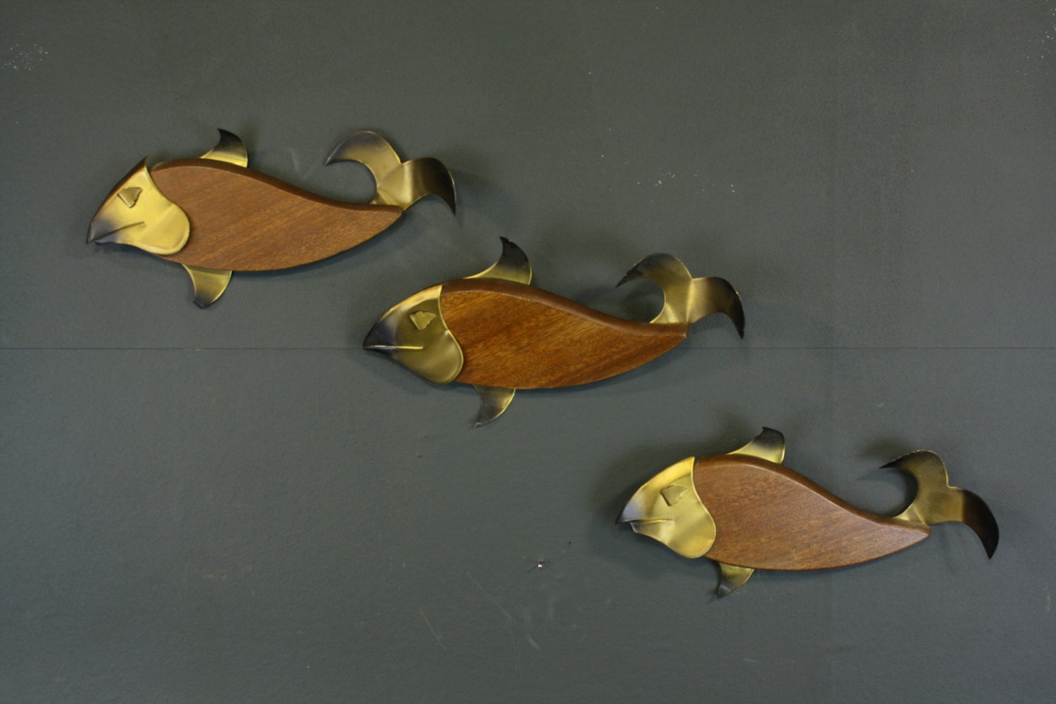 Mid Century Swimming Fish Decor / Wood and Metal