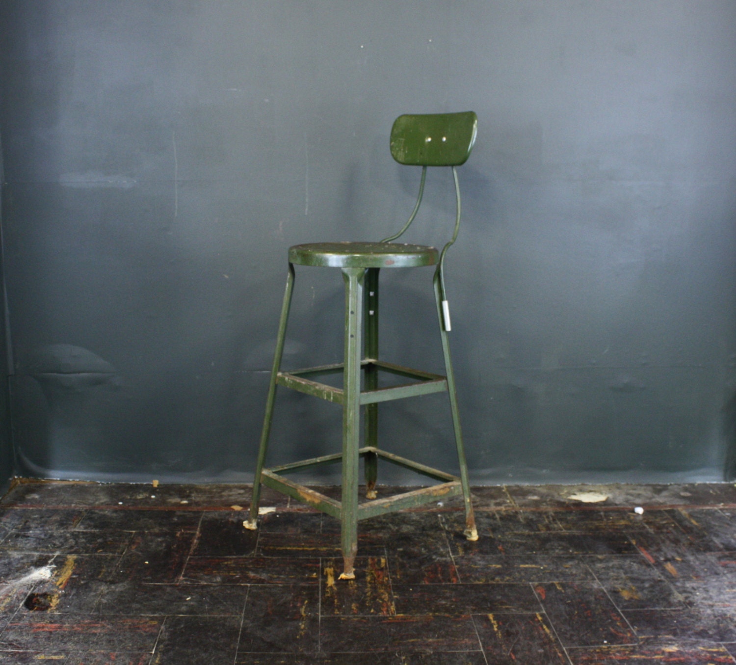 Industrial Stool / Green Metal Stool with Backrest
