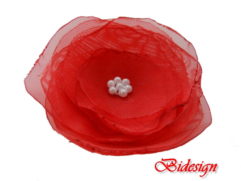 6 pieces red organza poppy flowers