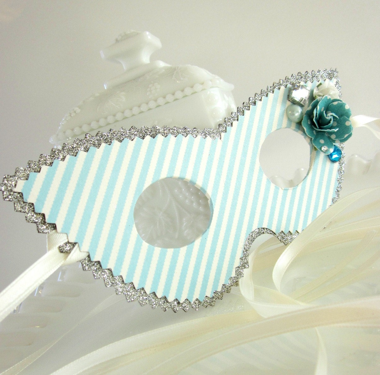 Light Aqua and Cream and Silver Striped Masquerade Mask with Jewels and Rosettes
