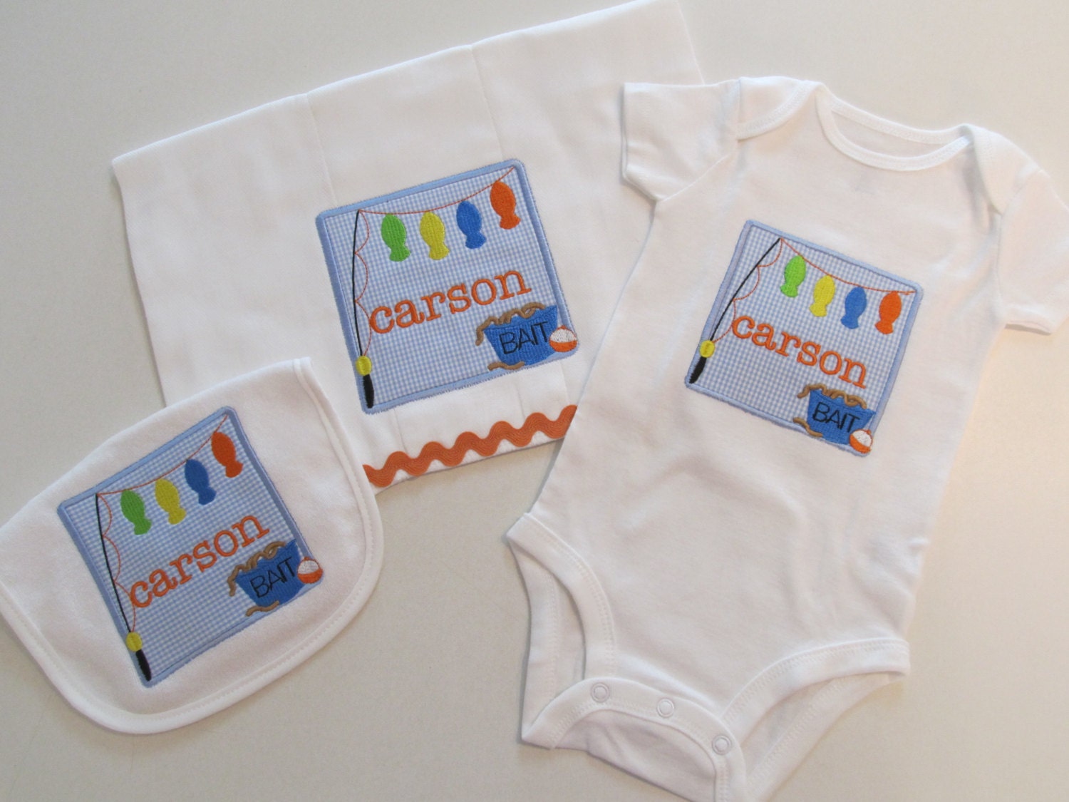 Baby Boys Fishing Patch  Applique with Monogram, Bib, Burp Cloth and Onesie Set