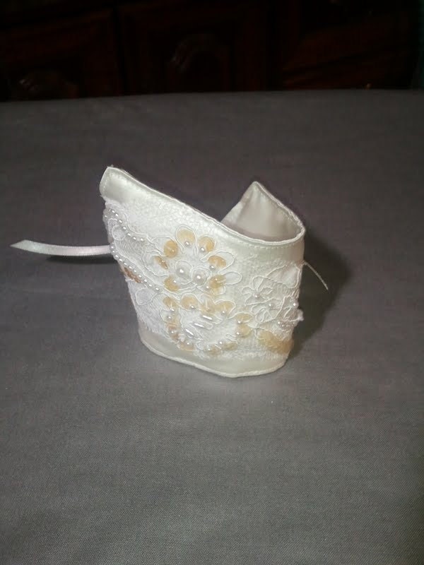 Pearls and Lace Asymmetrical Satin Wedding Cuff - vintage lace applique