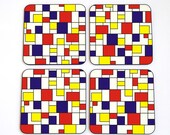 Set of 4 coasters red blue yellow square tile coaster set mondrian inspired hostess housewarming gift idea