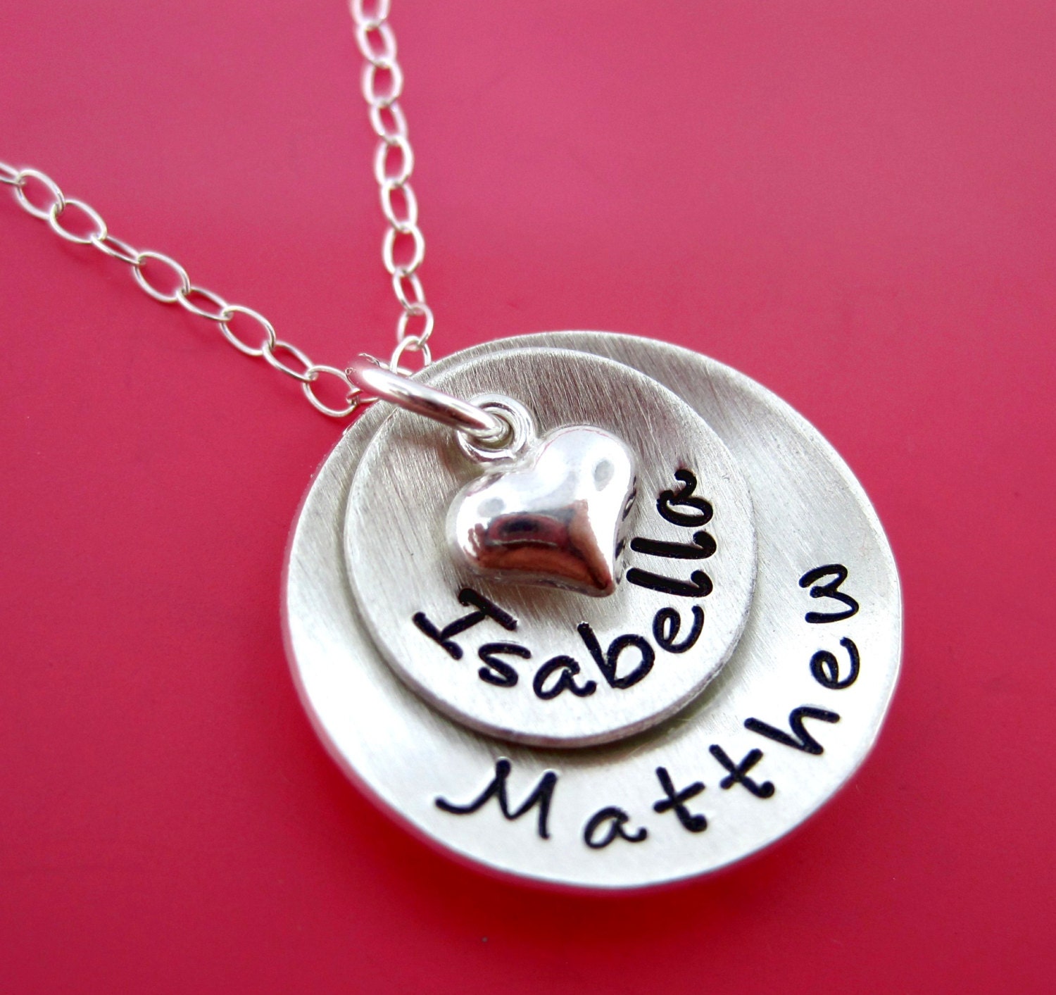 Personalized Necklace - Hand Stamped Jewelry - Domed Hand Stamped Personalized Sterling Silver Necklace for Mom - Two Pendants