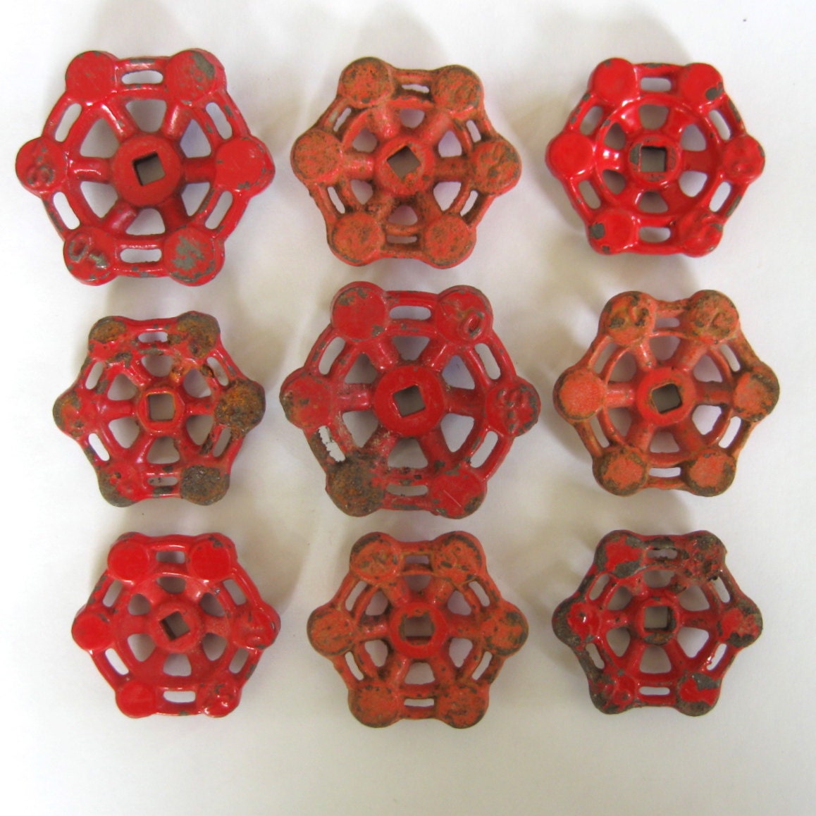 9 vintage faucet handles, red valve handles, iron water knobs, water spigot knobs, vintage style, group 272, metal faucet handles