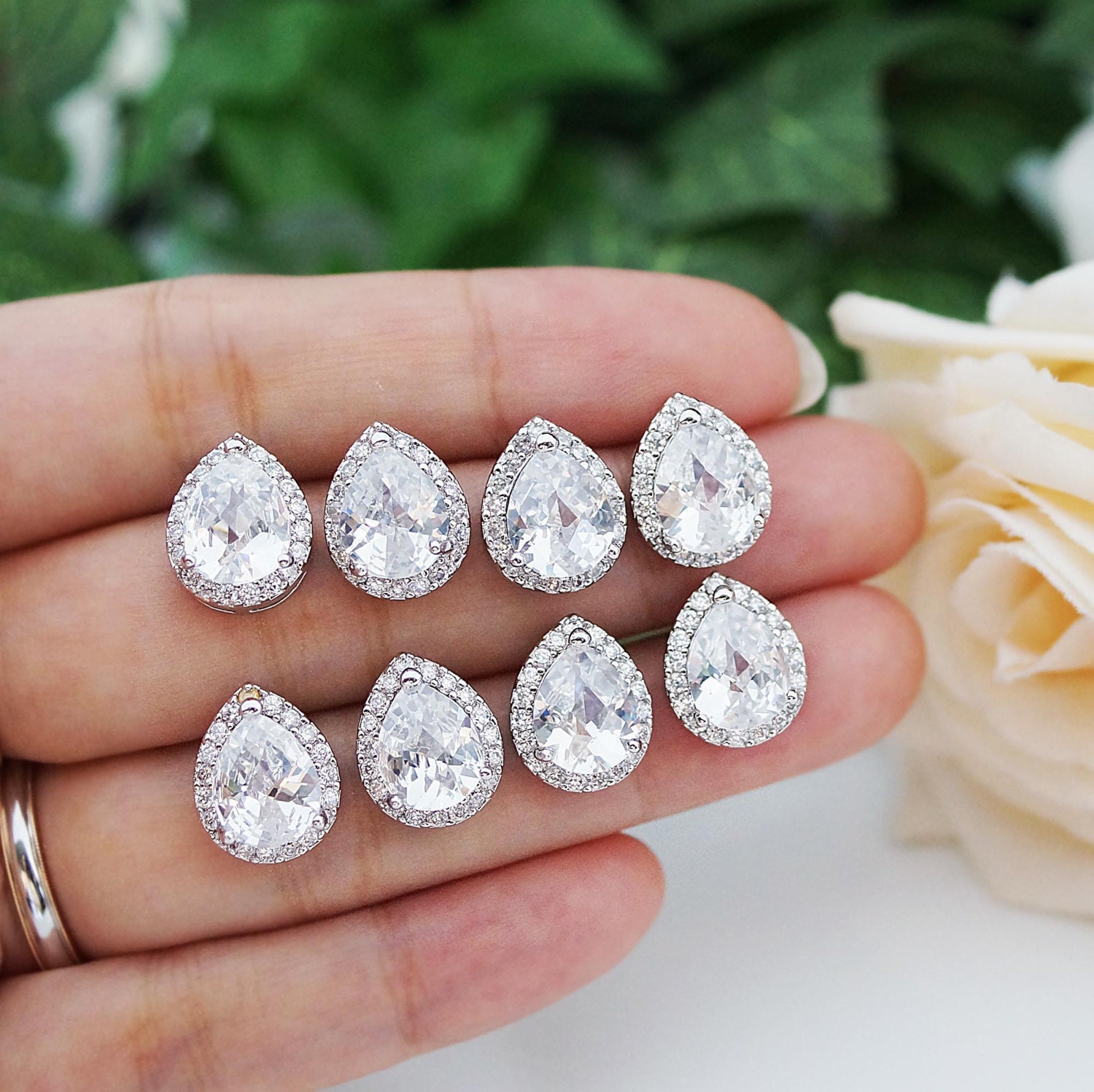 15% OFF SET OF 6 Wedding Jewelry Bridesmaid Jewelry Bridesmaid Earrings Clear White Lux Cubic Zirconia Tear drops Ear Posts