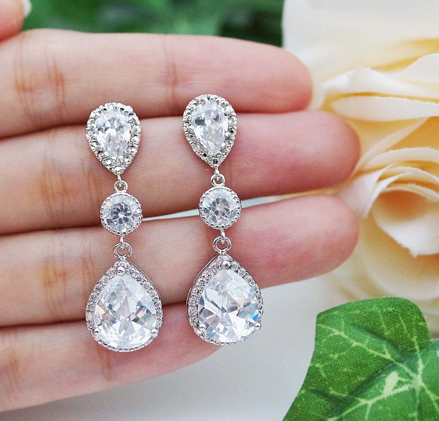 Wedding Bridal Jewelry Bridal Earrings Dangle Earrings cubic zirconia connectors and clear (LUX) cubic zirconia tear drop Bridesmaid Gift