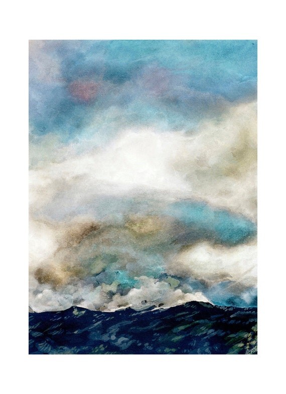 Turquoise Clouds Reproduction Print- Blue White Stormy Sky Over Mountains- Watercolor Landscape- 8x10