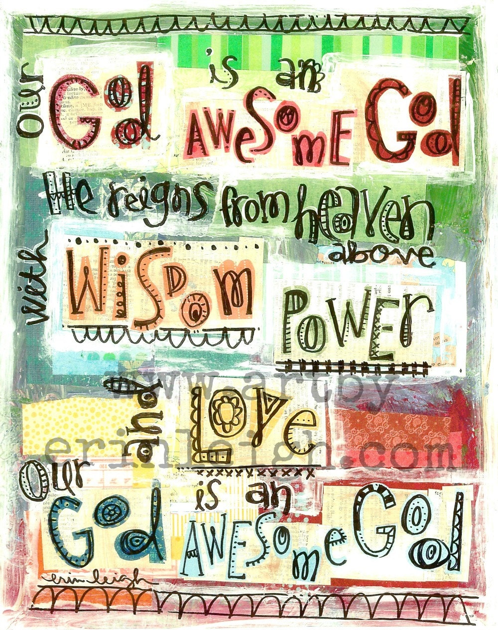 Kids Scripture Art, Sunday School Songs: Our God is an Awesome God, 8 x 10 Fine Art Print, Mixed Media Collage