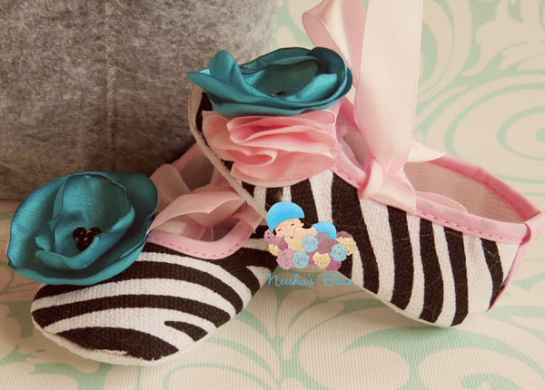 Baby Shoes, Ballerina Slippers, Crib Shoes, Zebra Print, Black White Pink Spring, Newborn Girl Shoes