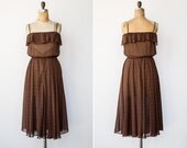 vintage 1970s dress / vintage 70s dress / brown ruffle polka dot 70s party dress