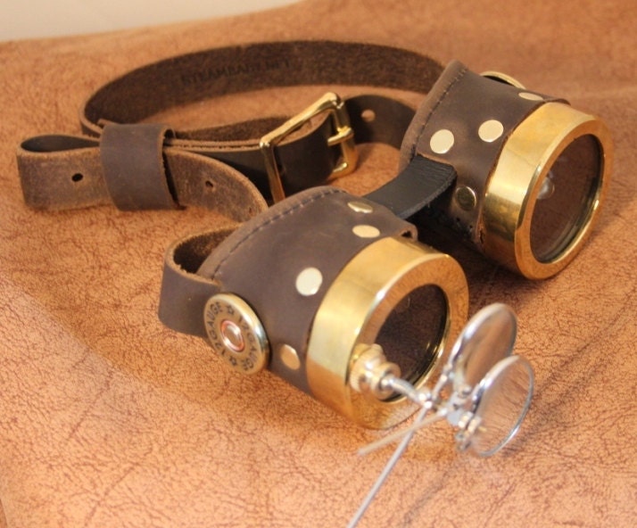 Steampunk magnifier goggles with machined round brass rims