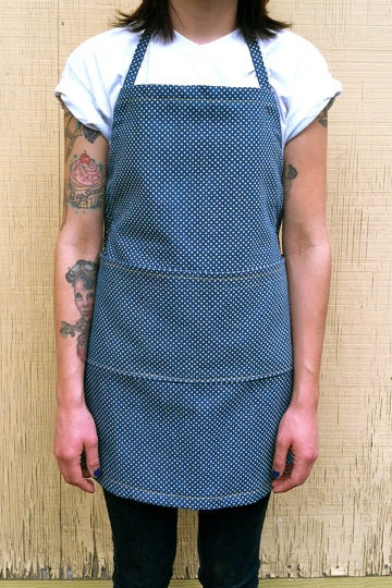 white polka dot blue denim handmade full apron