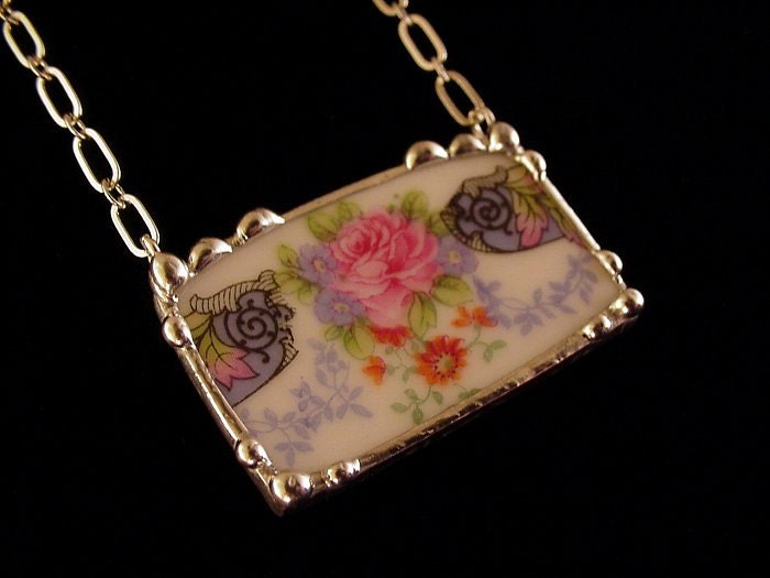 Broken china jewelry antique rose porcelain necklace made from a broken plate