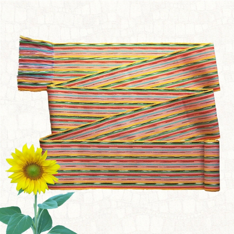 Festive Summer Sash handwoven yellow multicolored ikat Vintage Cotton Fabric Belt boho hippie festival accessory no.75
