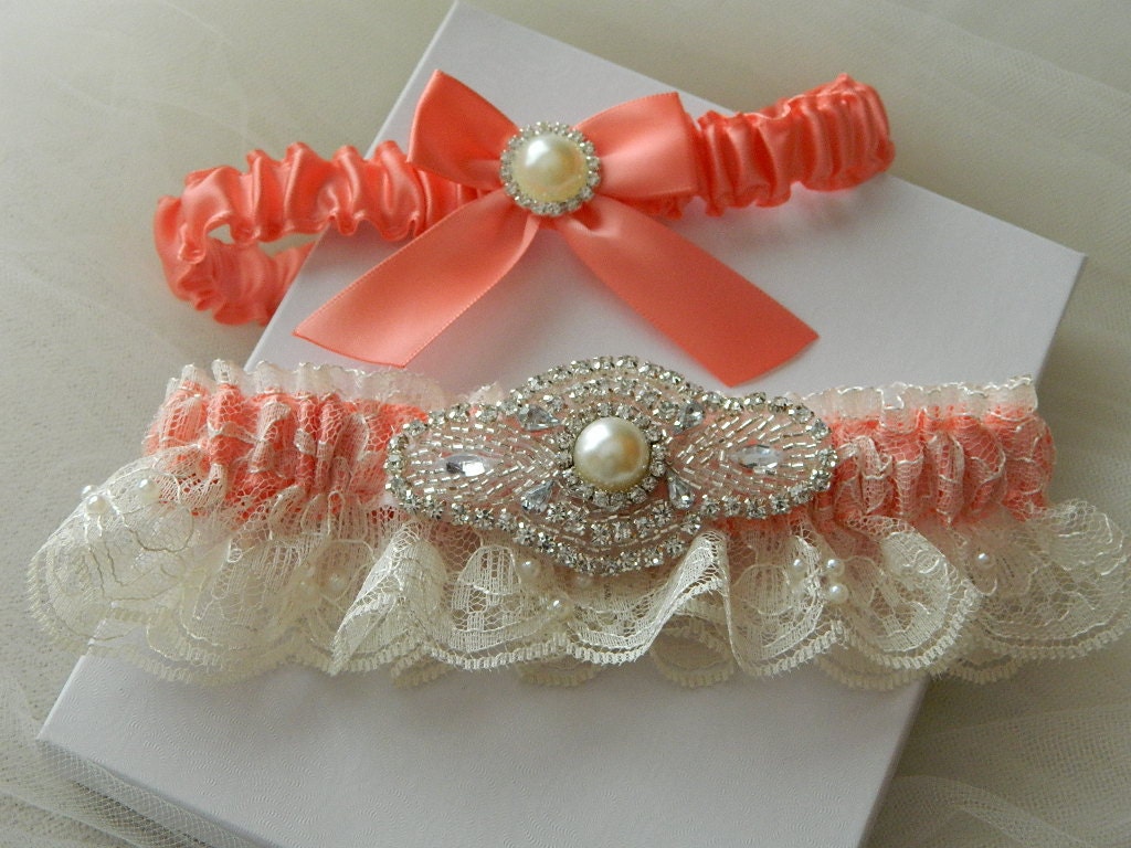 Wedding Garter Set Coral With Ivory Chantilly Lace And Rhinestone Embellishment