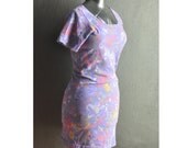 Vintage 1990s Stretch Tube Mini Dress in Purple Floral Pattern all Cotton