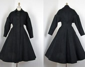 1950s Coat - Vintage 50s Princess Coat - Charcoal Black Fleck Wool New Look Full Skirt S M - Beyond the Pale