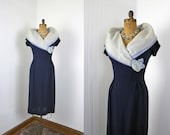 1950s Dress - Vintage 50s Dress - Navy White Chiffon Designer Pin Up Cocktail Party L - Bury Me in Roses