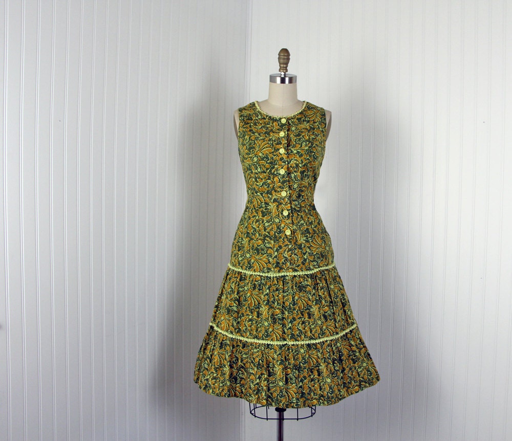 1950s Dress - Vintage 50s Dress - Olive Mustard Floral Cotton Sundress - Key Witness