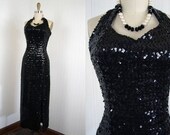 1950s Dress - Vintage 50s Black Paved in Sequins Halter Burlesque Red Carpet Gown S M - Torch Song