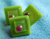 Fused Glass Buttons - Fresh Apple Pie, apple green, gold, red, set of 3