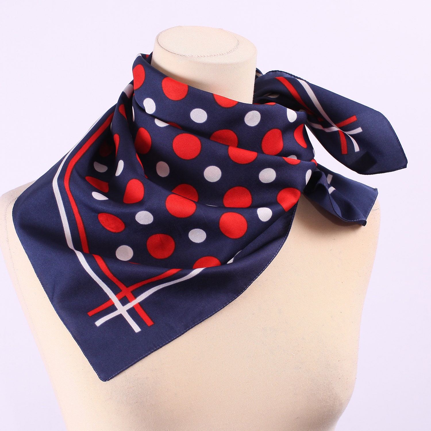 Vintage 1960s Twiggy Polka Dot  Scarf in Red Blue and White