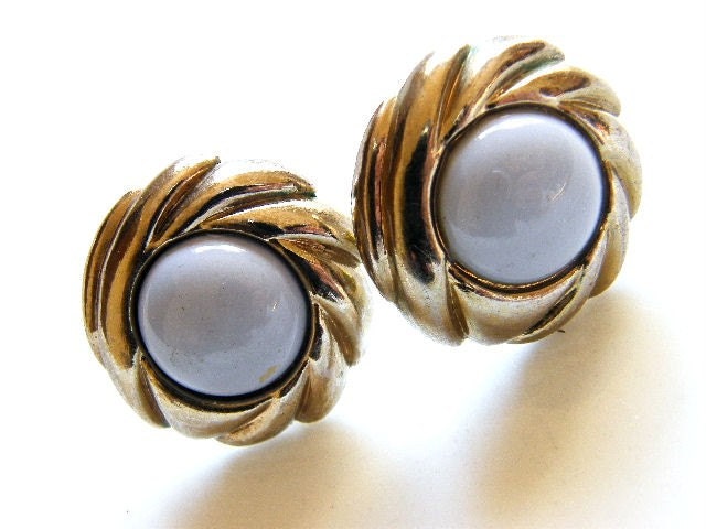 Vintage Button Post Earrings Silver-Tone Hurricane Frame with Pale Blue Cabochon