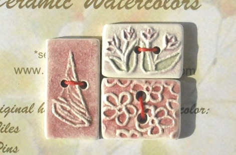 CLARET COLLECTION 3 handmade ceramic buttons chunky 2 hole rectangles original designs tulips sail boat flowers art fiber artist gift set