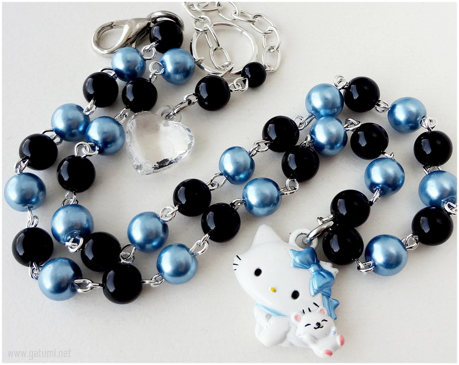 Charmmy Kitty Necklace, Black and Blue, Silver Plated - Kawaii Jewelry, Gothic Lolita