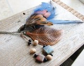 Feather Necklace Blue Feather Brown Feather Copper Leaf Boho Chic Tribal Czech Glass Beads Funky Unique Nature Botanical Jewelry