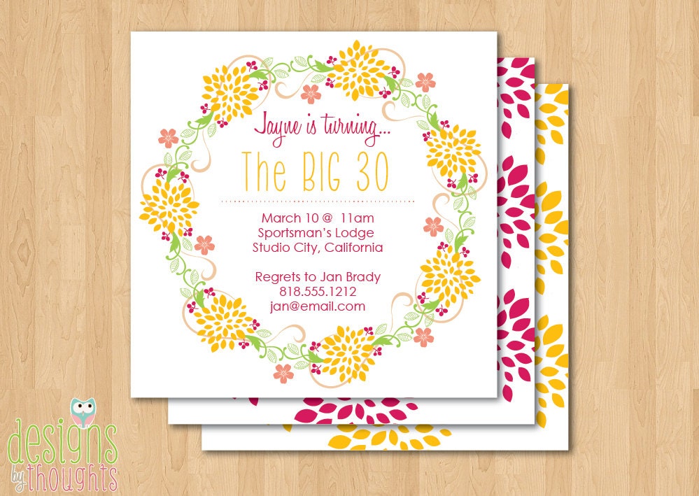 Floral Wreath Birthday Invitation - Modern and Feminine Design.  Be the ENVY of everyone - Set of 10