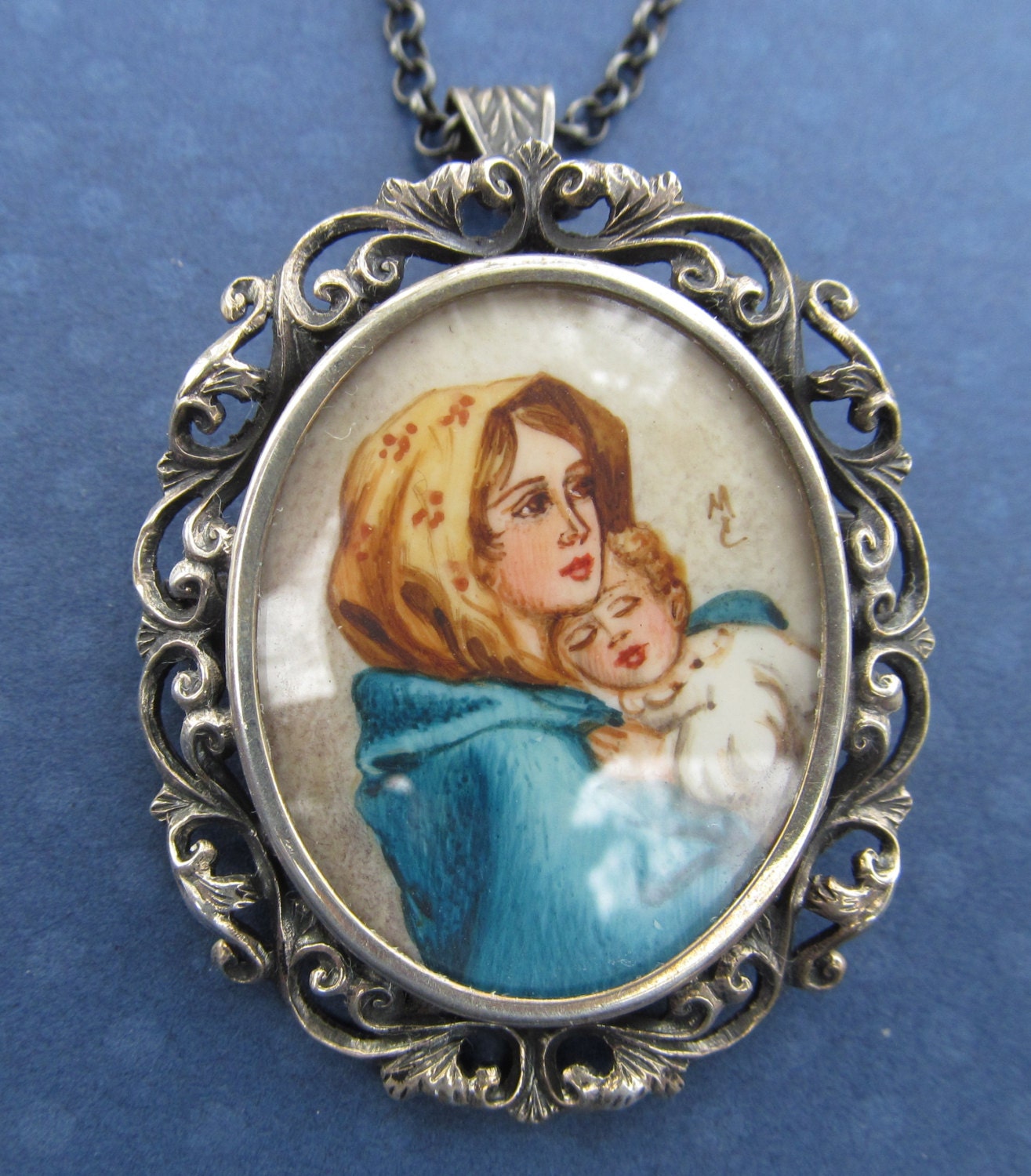 Antique Virgin Mary Brooch Hand Painted Madonna Of The Street Miniature Necklace in 800 Silver Setting