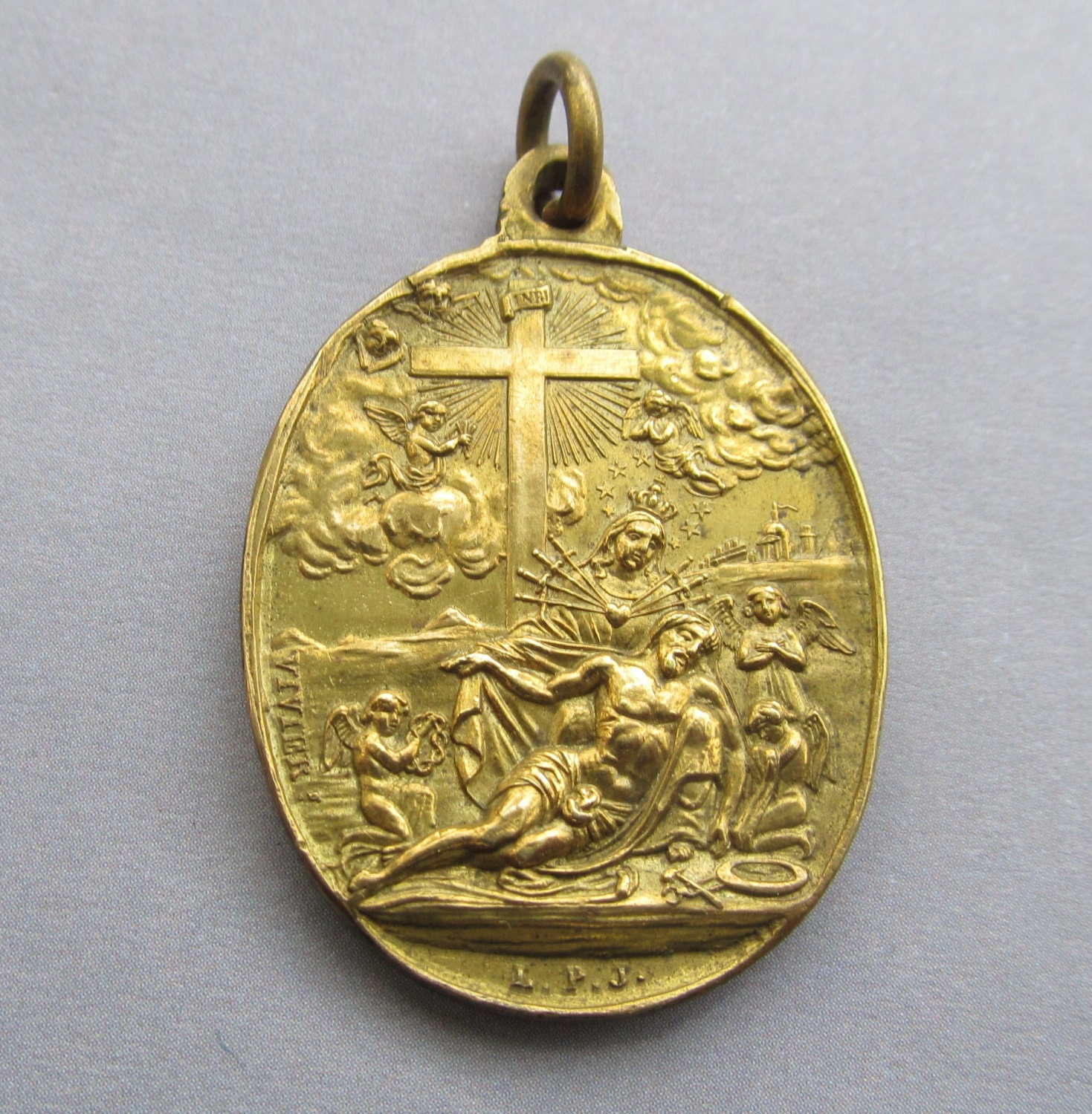 Antique French Virgin Mary Sorrowful Mother And Jesus At The Cross 1080 Induldences Religious Medal      SS101