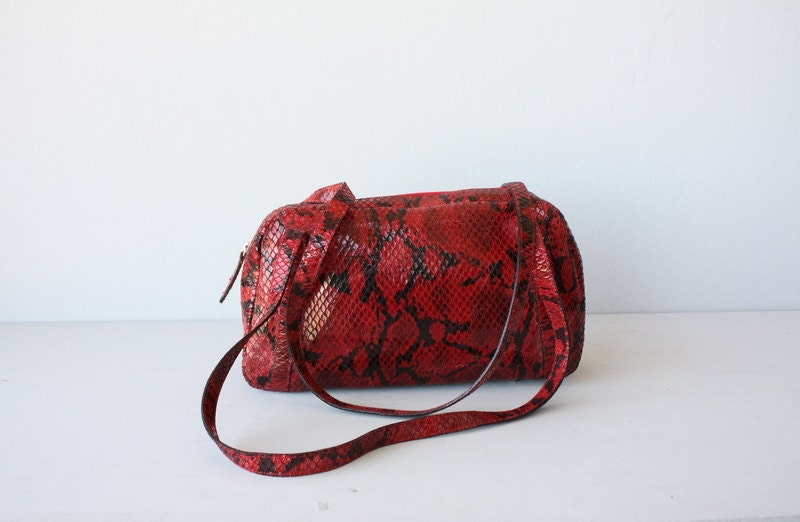 red leather bag / snakeskin leather purse / bowler bag / 1980s satchel