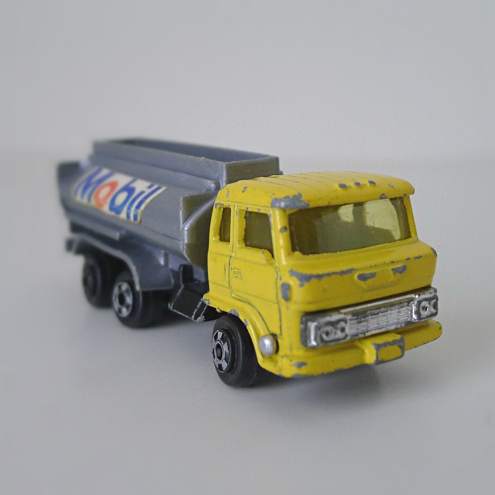 Zylmex Mobil Fuel Tanker / Truck, 1970s - diecast, yellow, gray, kids toy, truck toy, vintage car, industrial, for him