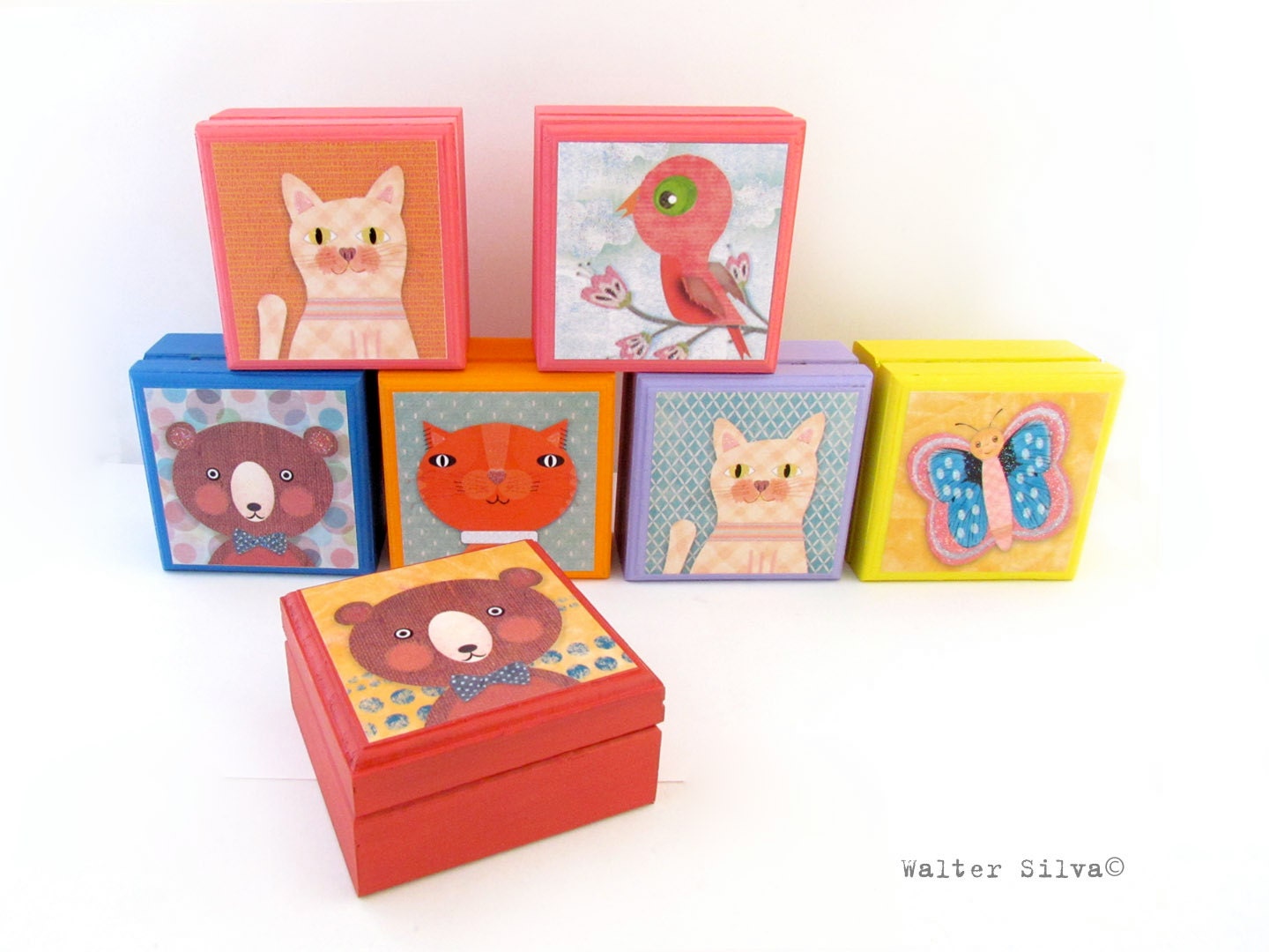 Assorted Animal Wood Keepsake Boxes - Bird - Cat - Bear - Tabby Cat - Butterfly - Nursery Toddler Keepsakes