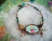 Broken China Bracelet with Pink Rose, Polka Dots and a Dragonfly Charm