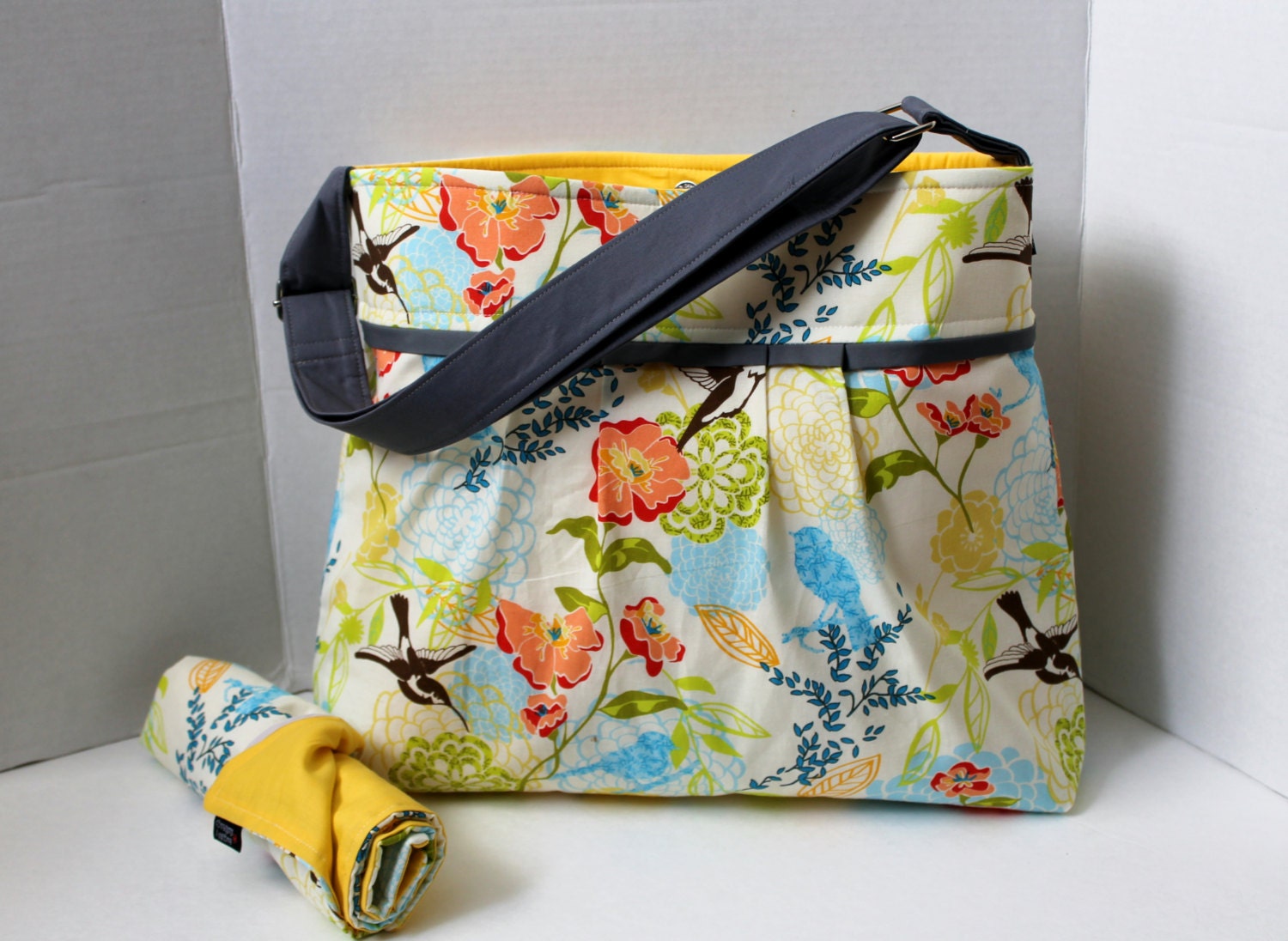 Monterey Bag Large Diaper Bag Set - In Floral Birds and Grey and Yellow - Adjustable Strap and Elastic Pockets