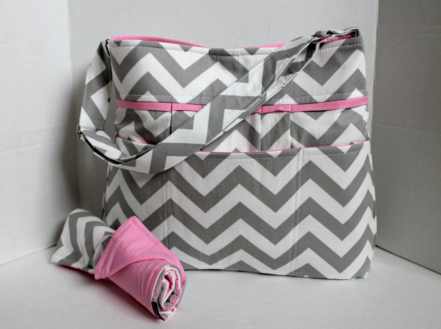 Monterey Diaper Bag Set - Grey Chevron and Pink Or Custom Design Your Own - Large 9 Pockets