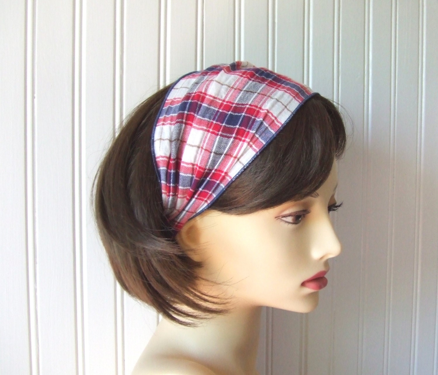 American Cotton Gauze Plaid Headband in Red, White and Blue - Summer Fashion Hair Wrap