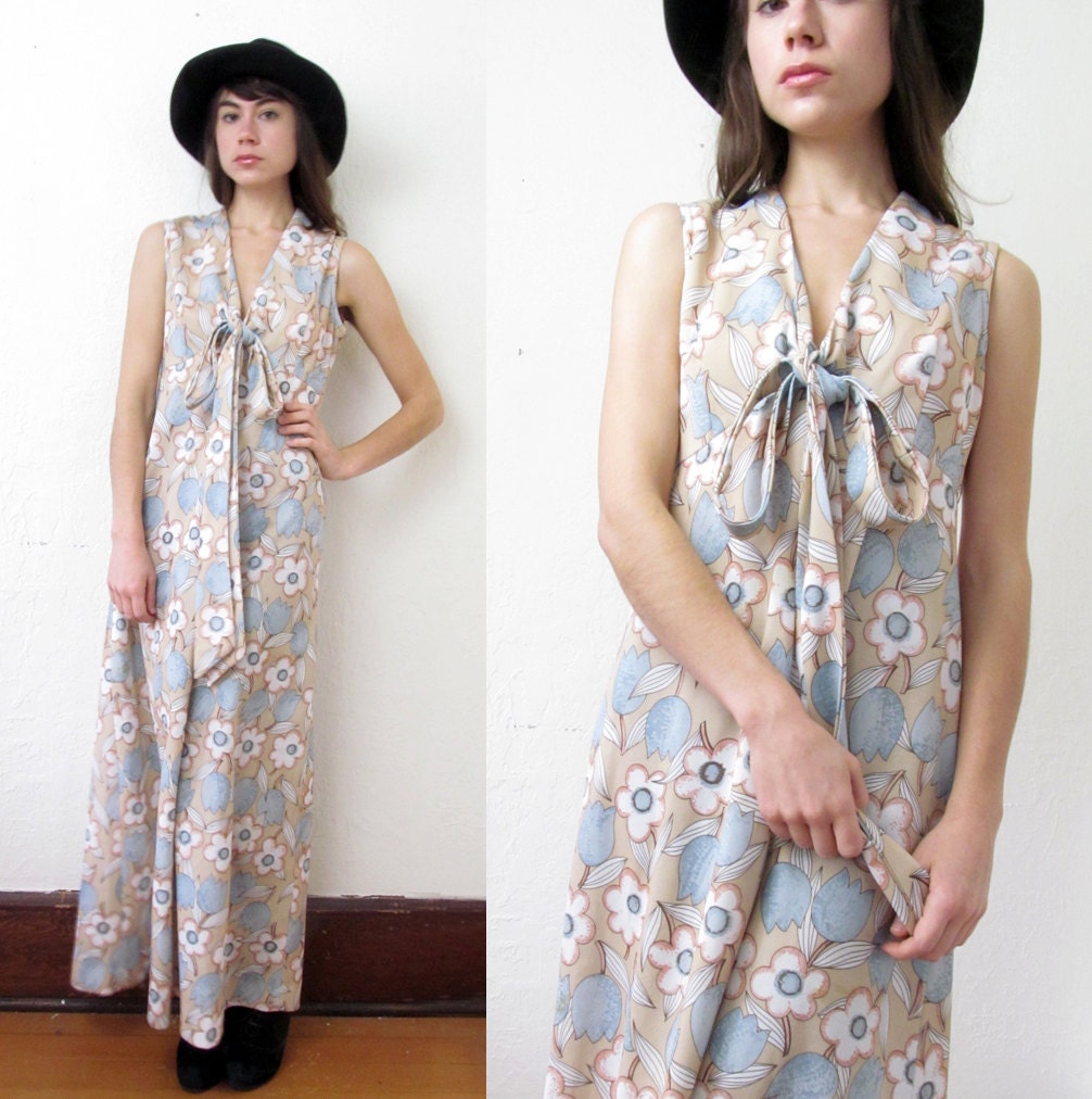 Vintage EARTH TONE FLORAL Maxi Dress with Neck Sash L