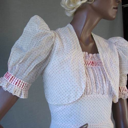30s Evening Dress Vintage Red White Polka Dots Prom Formal Bolero Ruffle Study XS