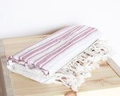Bath Towel / Beach Towel , Turkish Bath Towel...Linen - Cotton PESHTEMAL Cream-Red