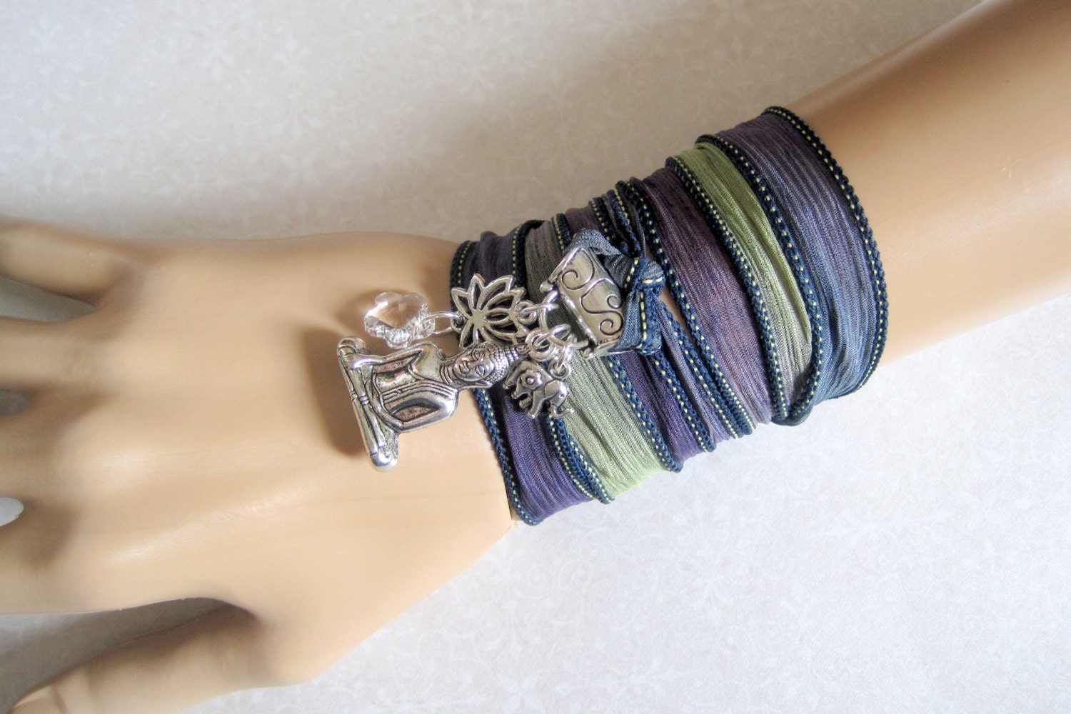 RELAXATION Charm Bracelet Necklace Anklet - Buddha Lotus Elephant Clear Swarovski Crystal Silk Ribbon Yoga Wrap