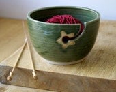 SECONDS SALE - Stoneware pottery yarn bowl with little star hook glazed in forest green