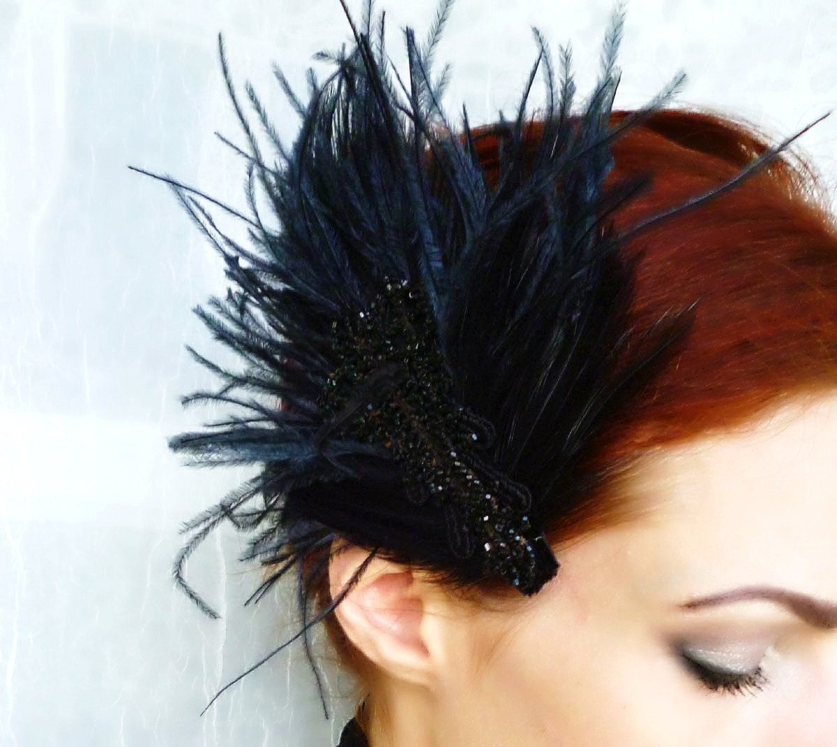 Antique Victorian Jet Lace Feather Fascinator Headpiece
