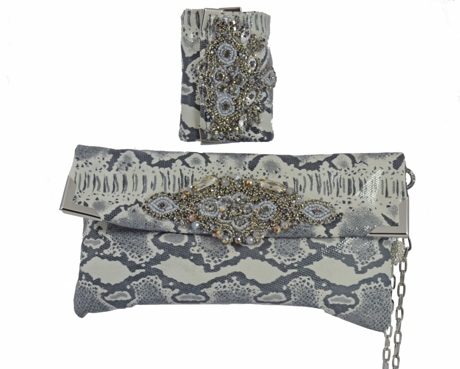 Silver Snakeskin Purse- Leather Clutch Cuff  Wallet