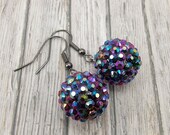 Sparkly Beaded Earrings - Blue and Purple with Gunmetal - Disco Ball - Bling