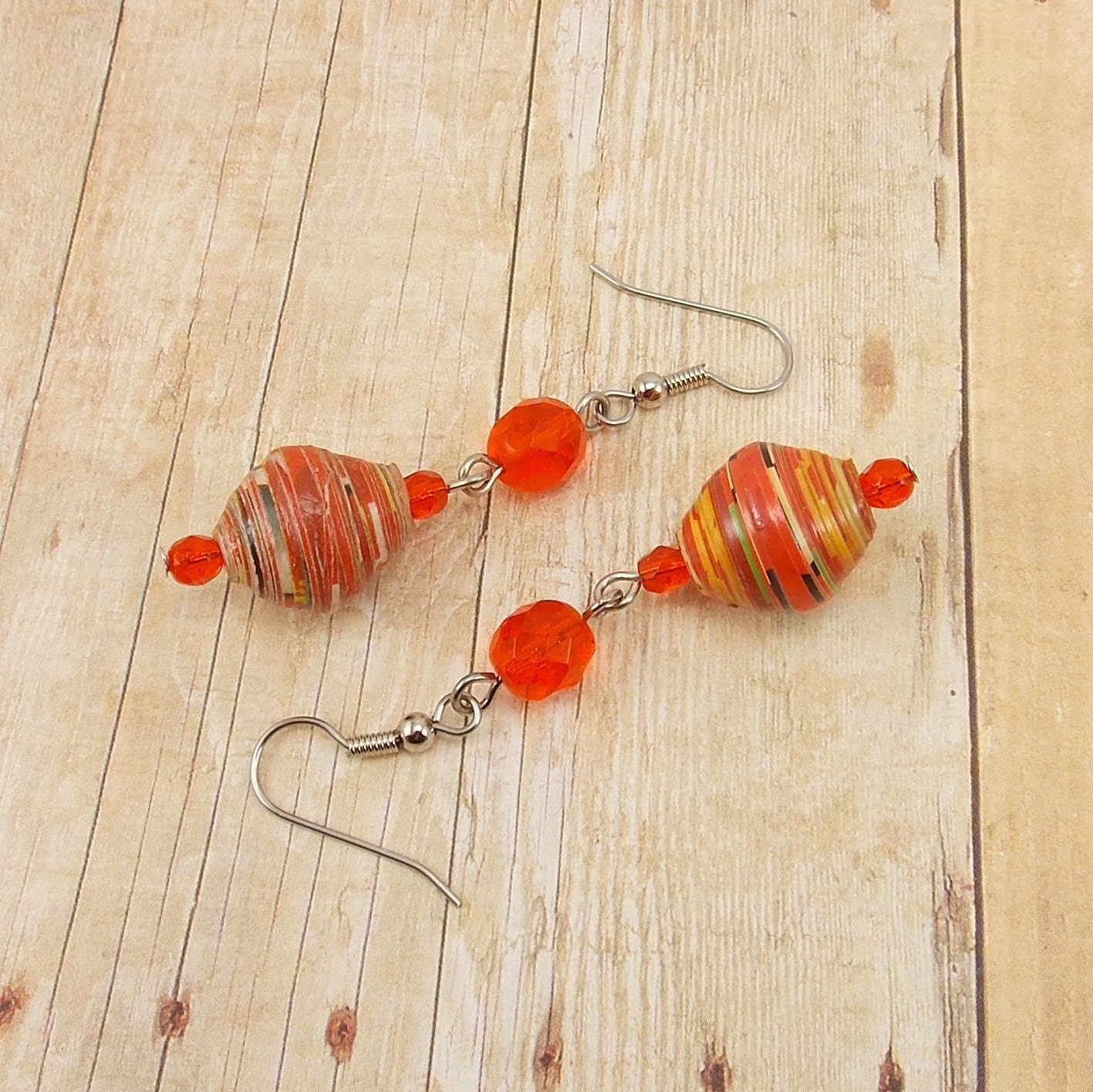 Earrings - Rwandan Paper Beads - Bright Orange Stripes